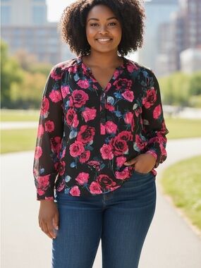 torrid Black Blouse with Pink Rose Print
